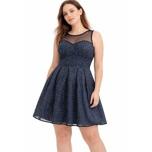 Minuet Blue Dot Fit & Flare Dress Sheer Mesh Yoke Pleated Size L Soft Whimsy